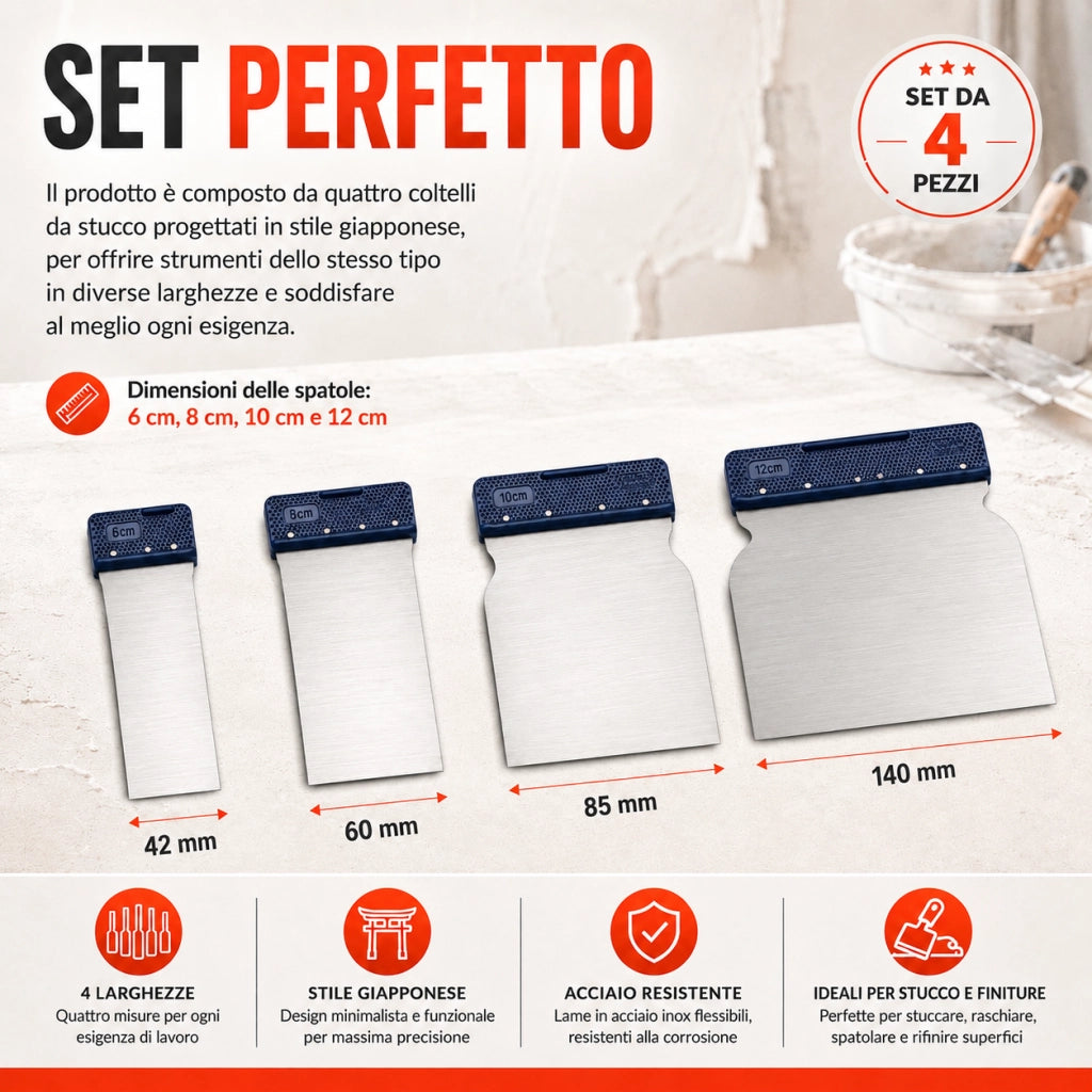 Set 4 Spatole Giapponesi Acciaio Flessibile 42/60/85/140 mm 61089