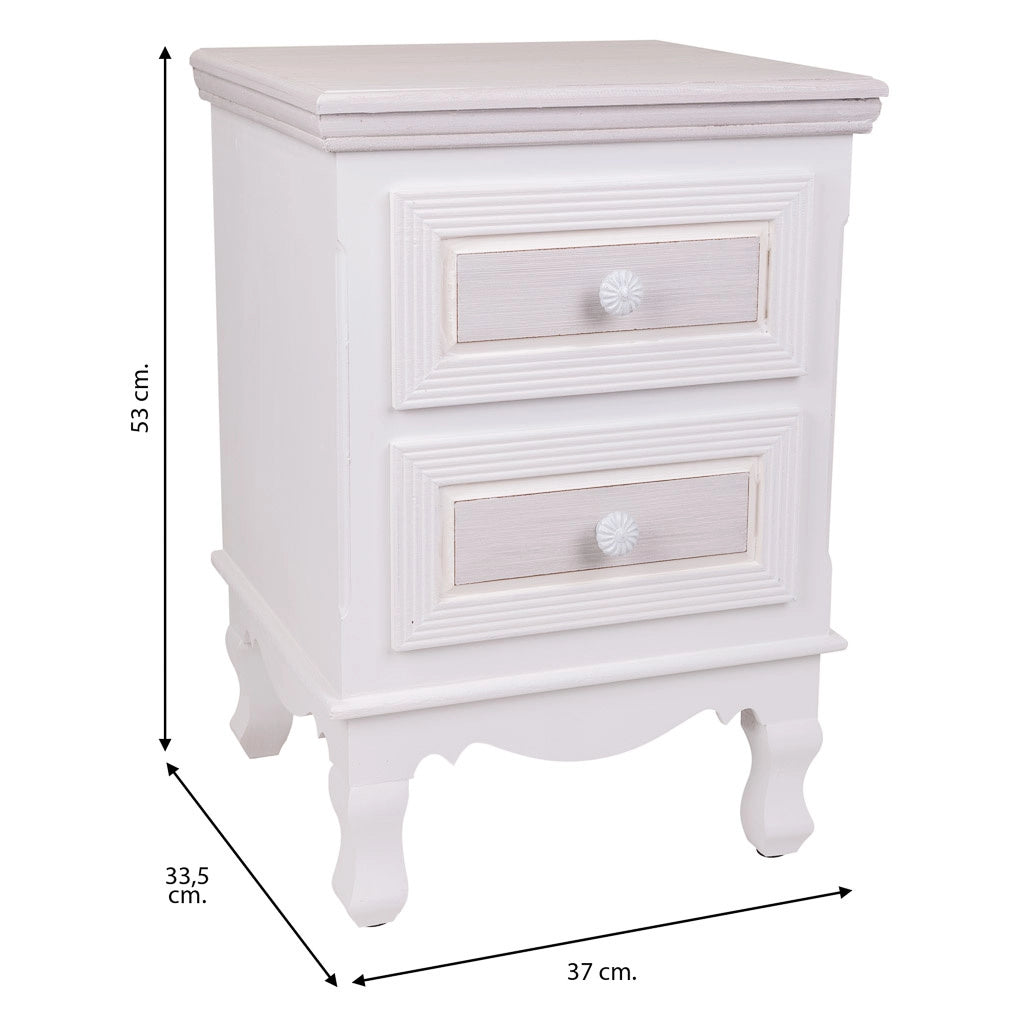 Comodino in legno con 2 cassetti bianchi 37x33,5x53.