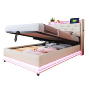 Letto imbottito 90x200 cm; testiera apribile e luci LED; lino beige