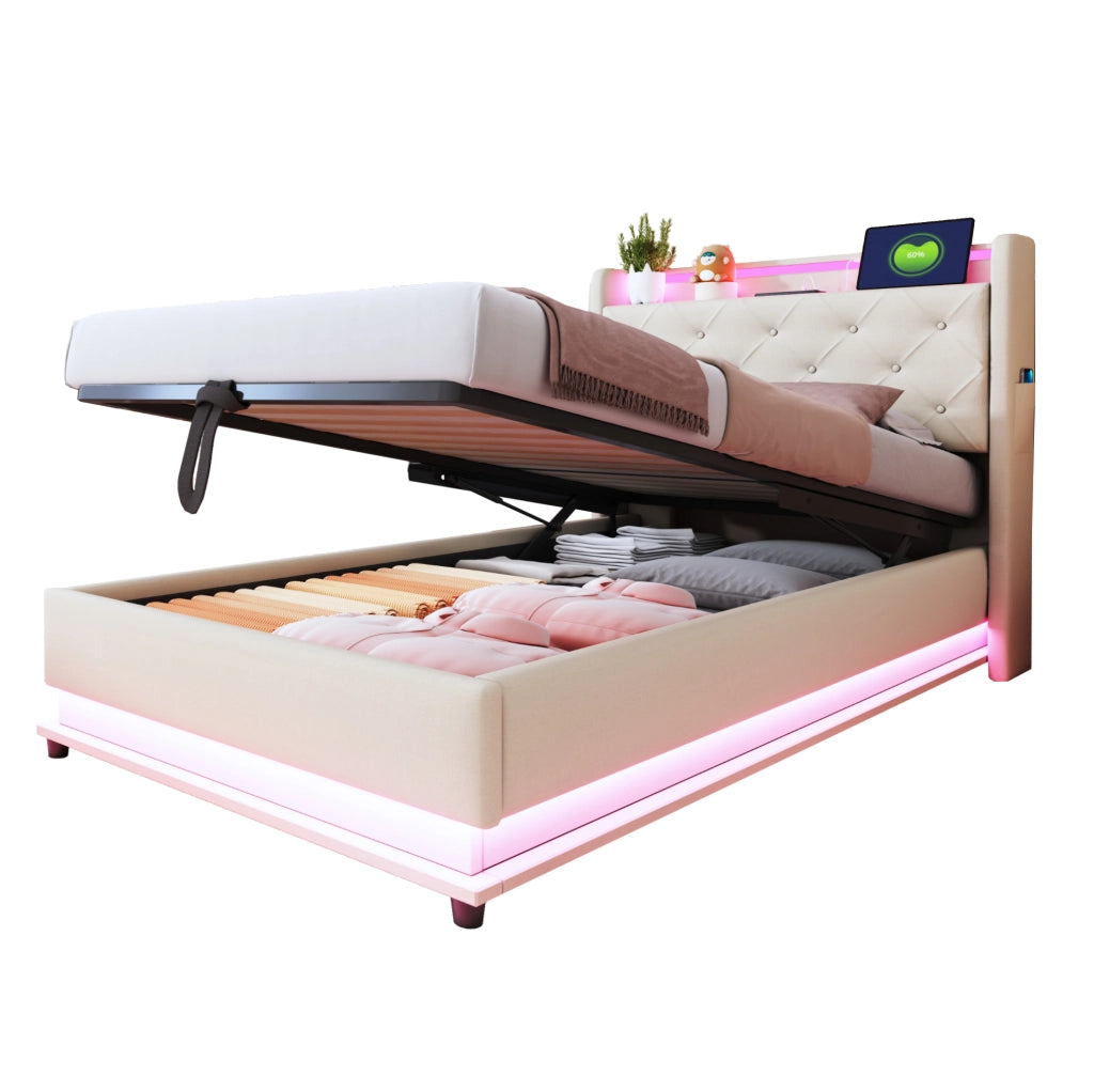 Letto imbottito 90x200 cm; testiera apribile e luci LED; lino beige