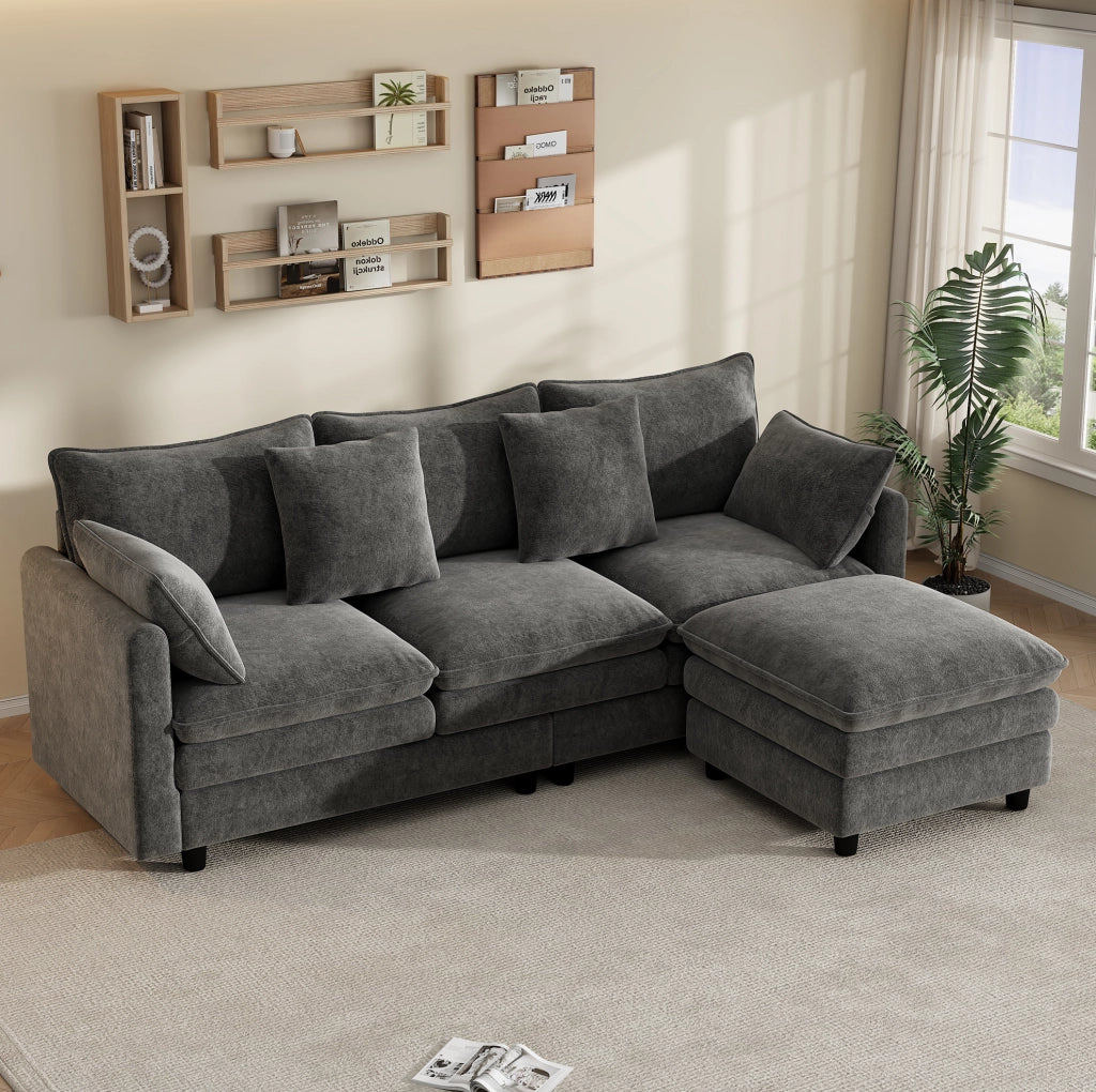 Divano angolare a L in Chenille grigio con chaise longue mobile
