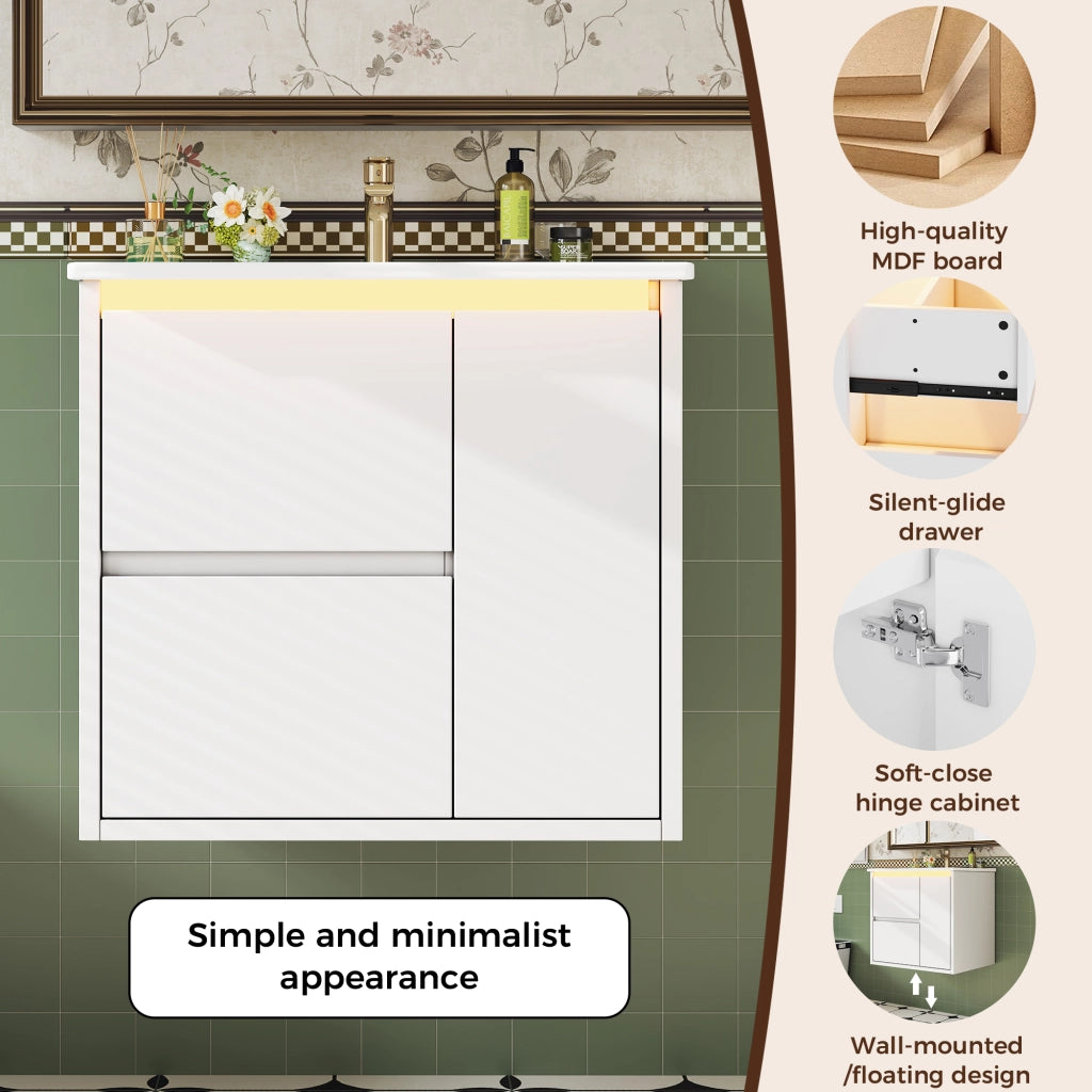 Mobile sottolavabo con 2 cassetti, 1 armadietto, LED a sensore e lavabo integrato per bagno, bianco 61 × 46,5 × 57 cm