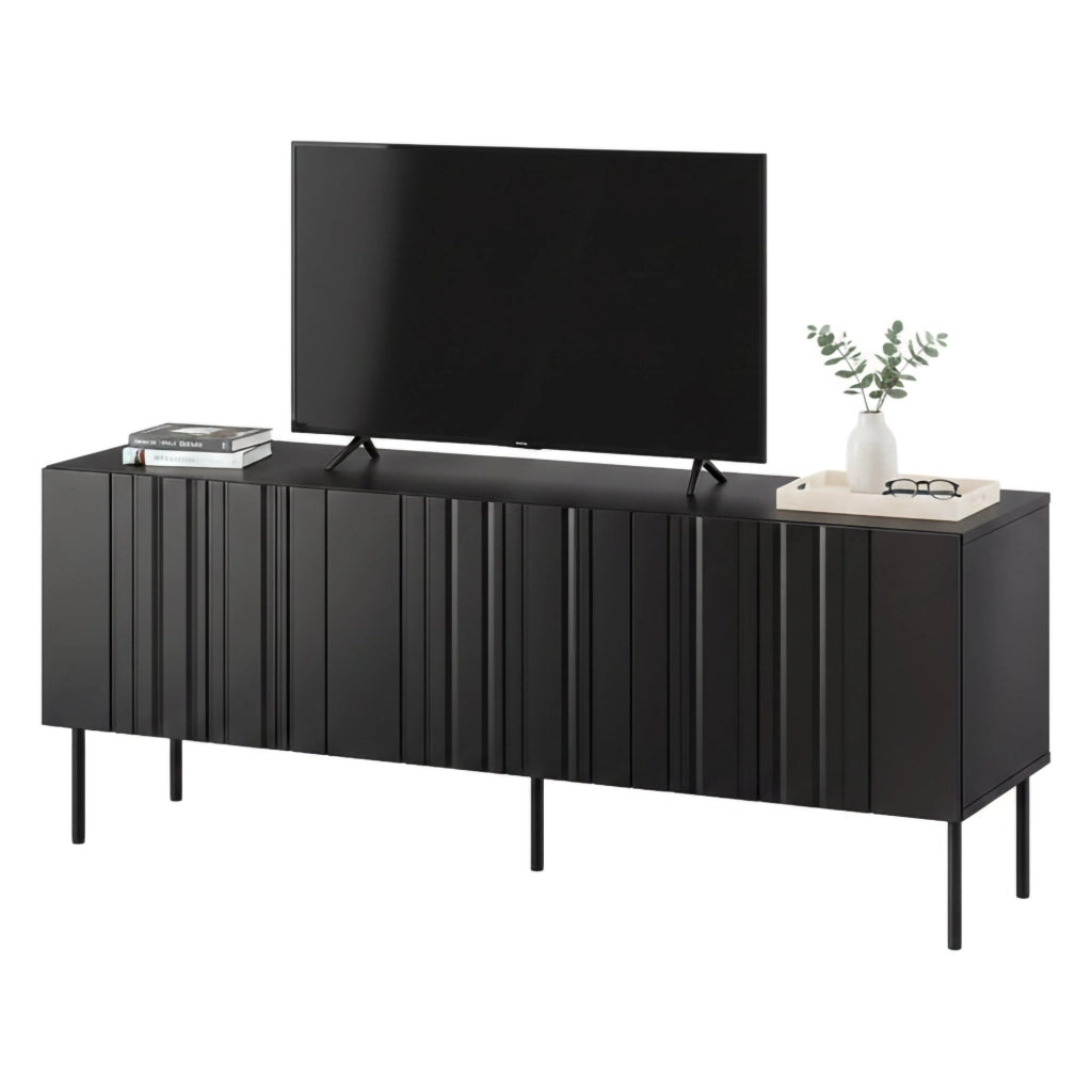 Mobile porta TV Frassino, Madia da salotto con tre ante battenti e tre vani interni, Rialzato da terra, 151x42 h60 cm, Nero