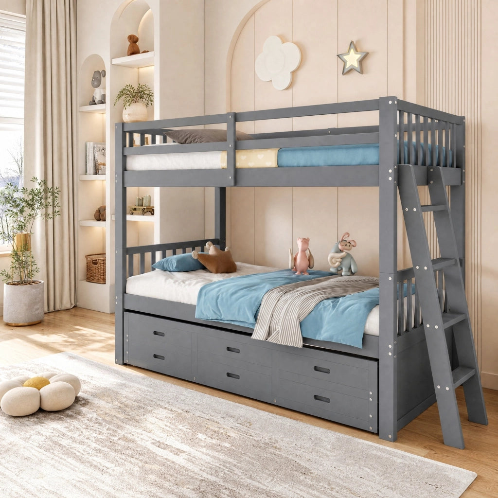 DESMIU Lit a castello per bambini 90 × 200 cm 3 posti con 3 cassetti e letto estraibile, senza materasso, grigio