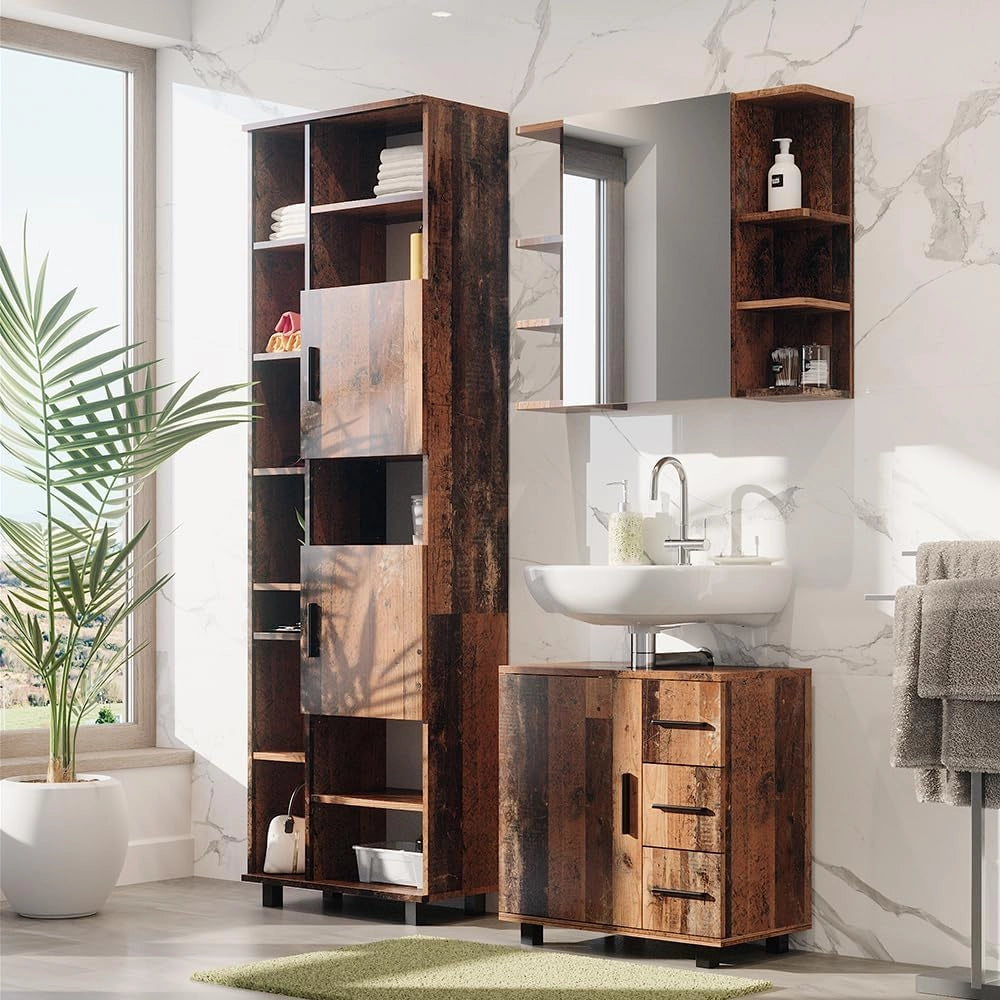 Set di mobili da bagno Ilias, Rovere rustico, 60 cm, composto da mobile sottolavabo, specchiera e colonna alta