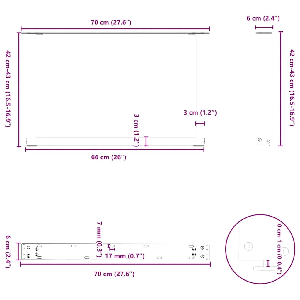 Set di 2 gambe regolabili per tavolino da caffè a forma di U 70 x 42-43 cm design moderno acciaio antracite 02_0057406