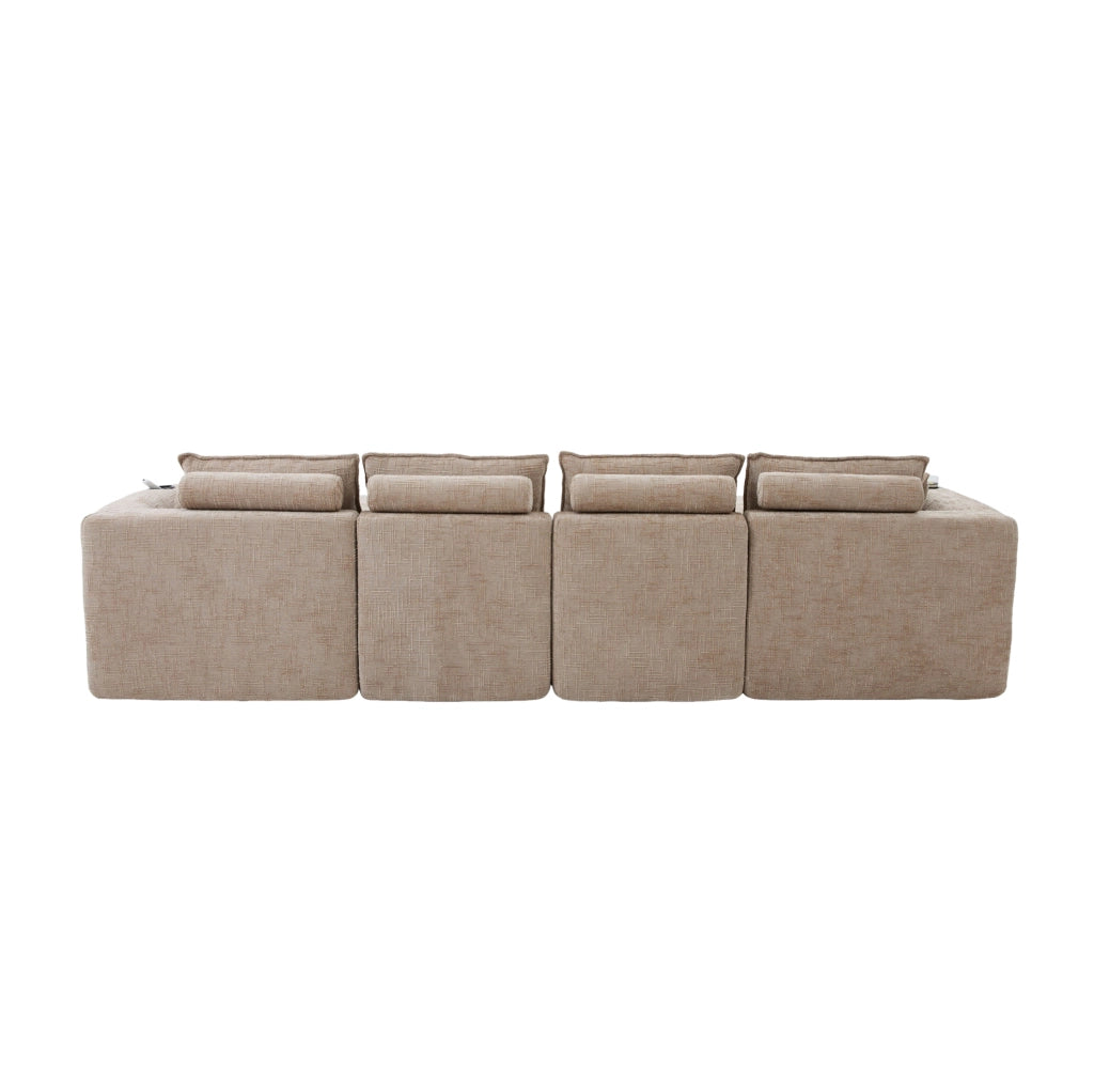 Divano modulare 4 posti in tessuto chenille kaki con 2 pouf, cuscini, portabicchieri e tasche laterali