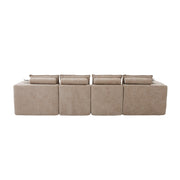 Divano modulare 4 posti in tessuto chenille kaki con 2 pouf, cuscini, portabicchieri e tasche laterali