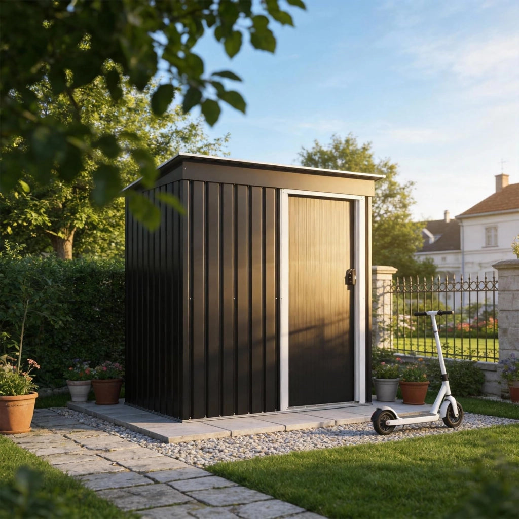 Casetta in metallo 151 x 77 x 182 cm (2,1 m³), piccola casetta in metallo con telaio in acciaio zincato, inclusi guanti, porta scorrevole, tetto spiovente, capanno da giardino, antracite