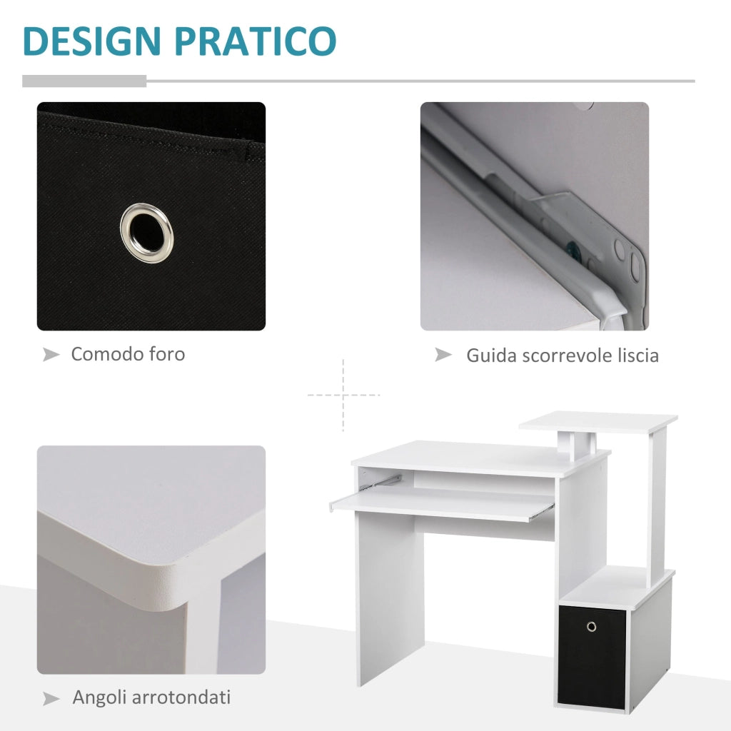 Scrivania Moderna con Mensola per Tastiera e Cassetto in Tessuto 100x40x86,6 cm  Bianco e Nero