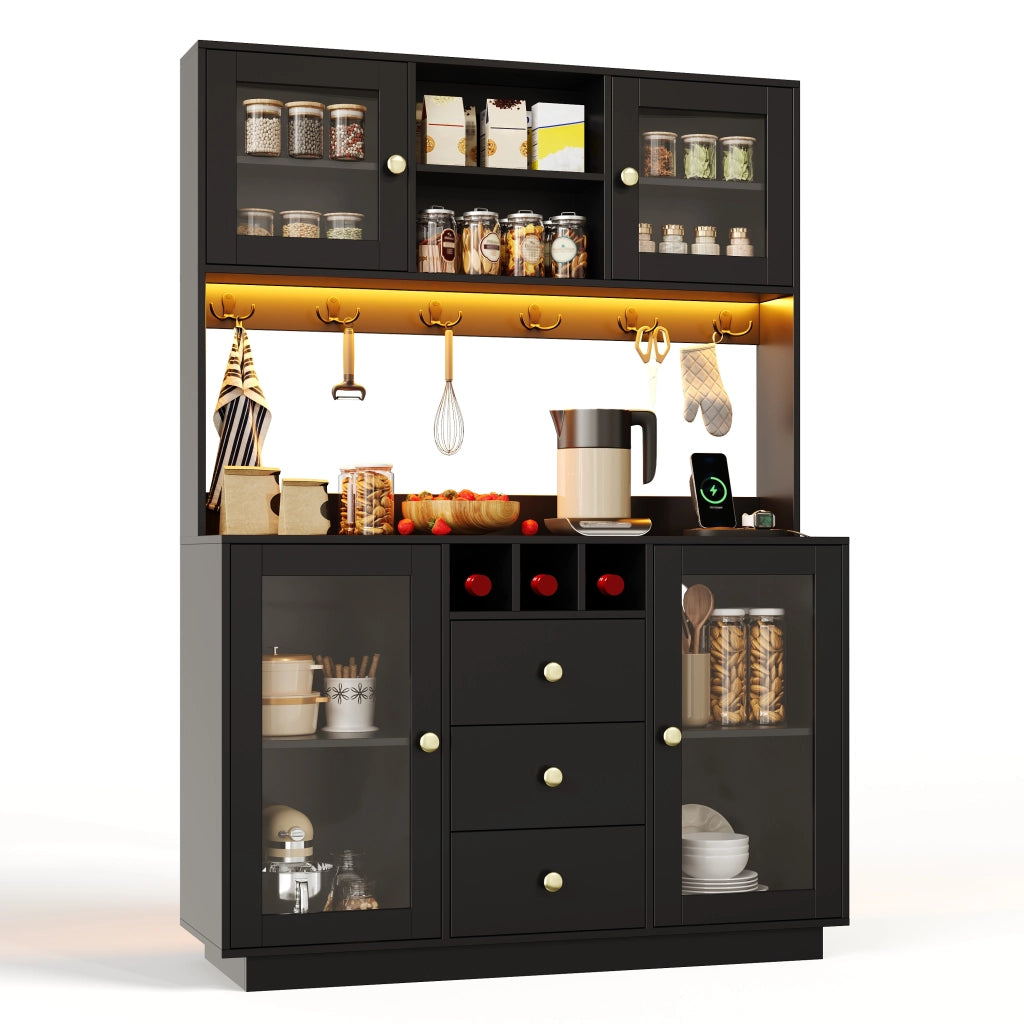 Credenza alta da cucina con LED RGB e prese; 120x40x170 cm; nera in MDF