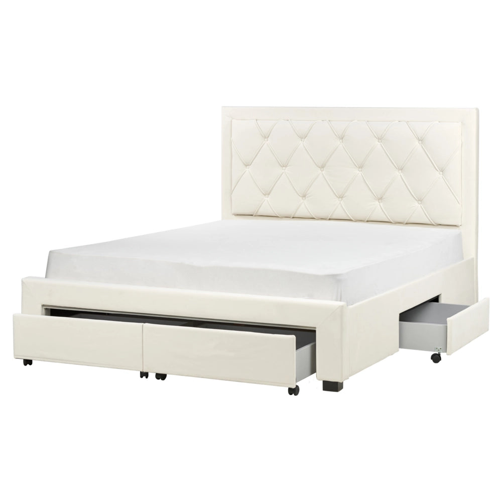 Letto matrimoniale contenitore tappezzeria in velluto beige 160 x 200 cm trapuntato testiera alta cassetti Glam Design