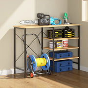 Tavolo organizer multifunzionale in metallo e MDF, nero e finitura legno, montaggio flessibile, 120 x 40 x 85,5 cm