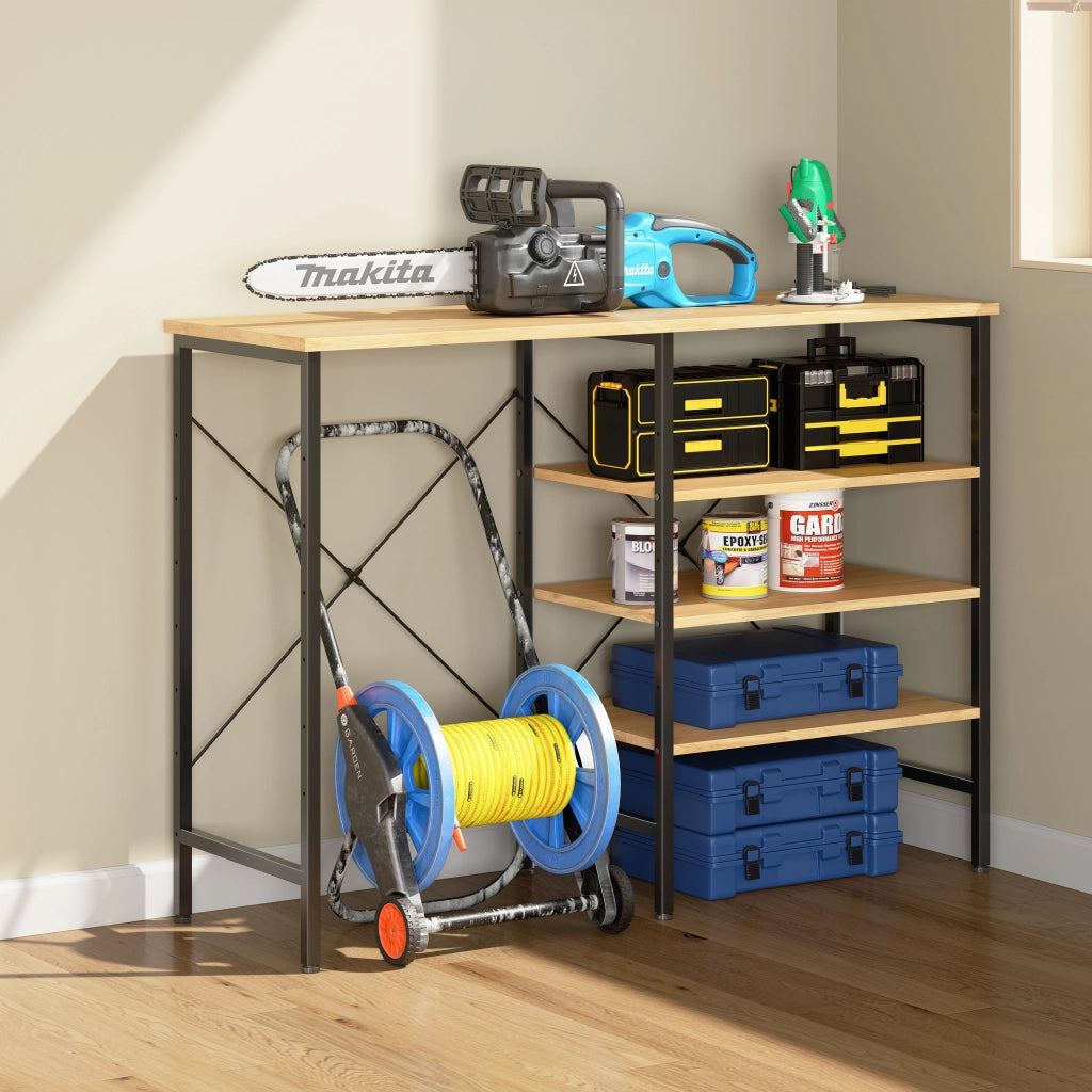 Tavolo organizer multifunzionale in metallo e MDF, nero e finitura legno, montaggio flessibile, 120 x 40 x 85,5 cm