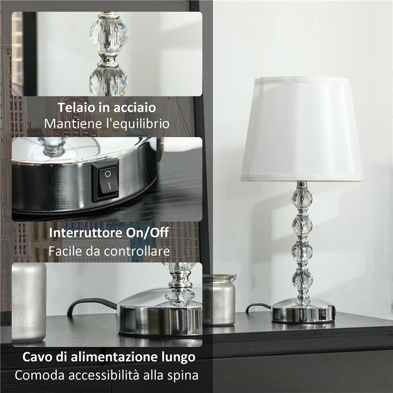 LAMPADA DA TAVOLO CON CRISTALLI E PORTA USB IN METALLO VETRO E POLIESTERE Ø 23X45 CM BIANCO E ARGENTO