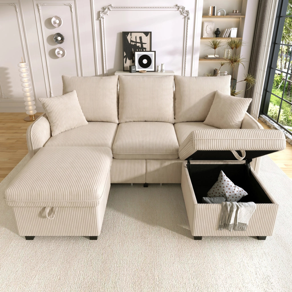 Divano letto modulare 3 posti - con contenitore e 2 pouf portaoggetti - in tessuto a coste beige
