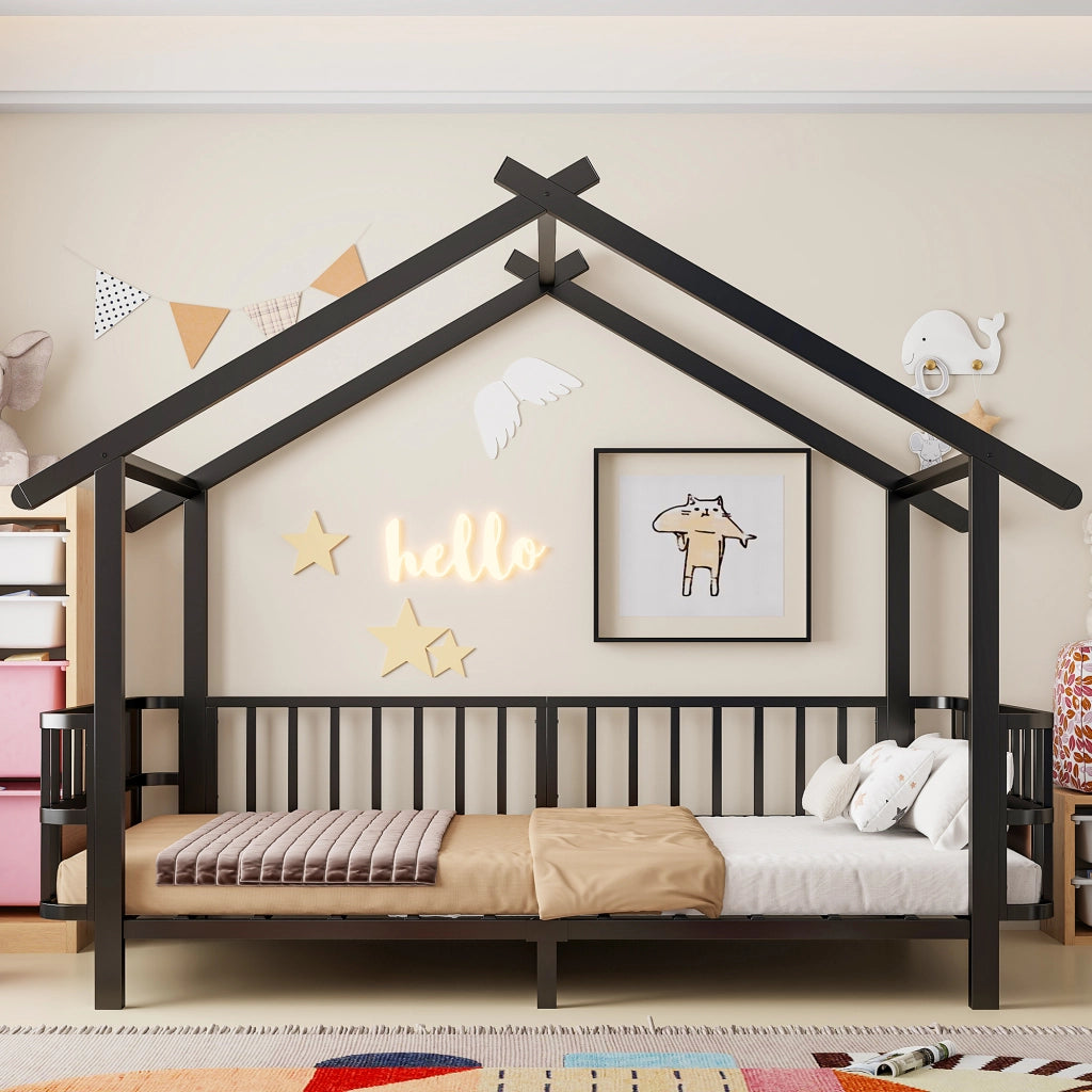 Letto per bambini 90 × 200 cm con barriera di sicurezza et struttura a casetta, senza materasso, in metallo, nero