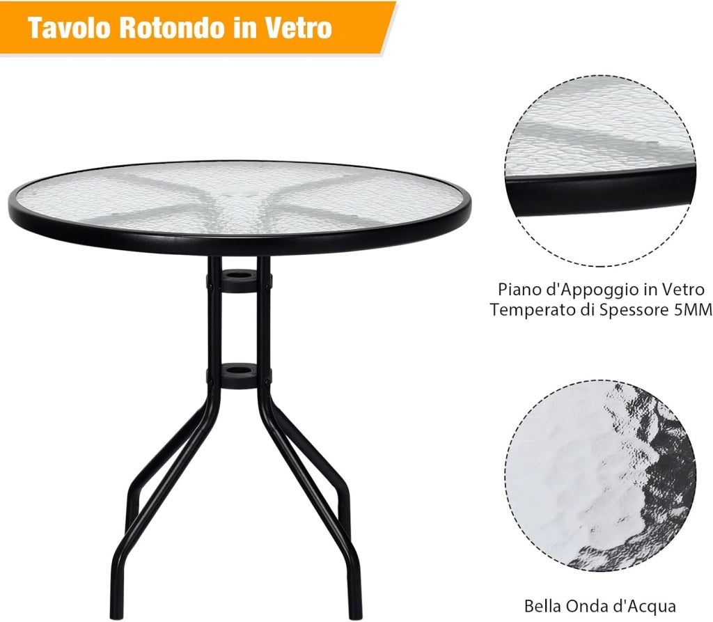 Tavolo da Patio da 70 cm, Tavolino Rotondo da Giardino in Vetro Temperato, con Gambe in Metallo, Foro per Ombrellone, per Giardino, Balcone, Fino a 50 kg, 70 x 70 x 71 cm