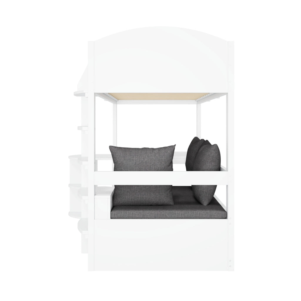 Letto a soppalco per bambini 90x200 cm in legno massiccio bianco, con scrivania estraibile, divano contenitore, scale e sponde