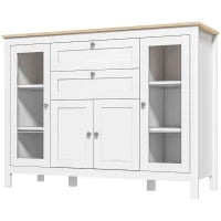 Mobile Cucina con 2 Cassetti e 3 Armadietti, Ante in Vetro e Ripiani Regolabili, 120x40x90 cm, Bianco e Rovere