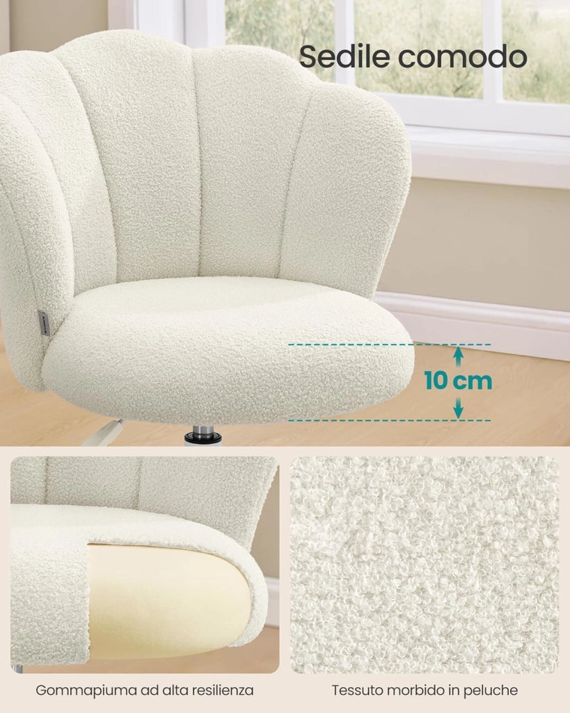 SONGMICS Sedia da Ufficio Girevole a 360°, Sedia da Trucco Imbottita, Tessuto Peluche, Regge 110 kg, Schienale a Petali, Altezza Regolabile, Soggiorno Camera da Letto, Bianco Crema OBG030WD01