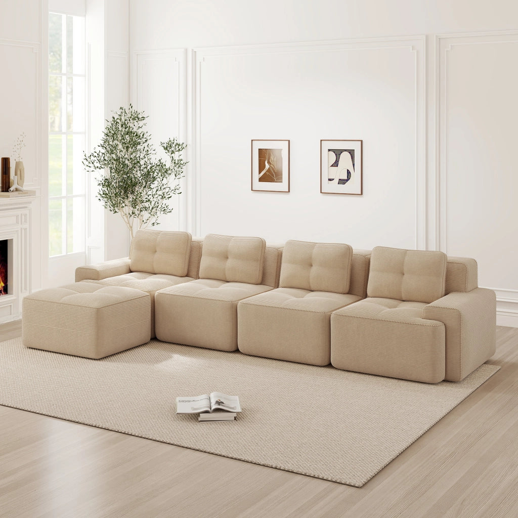 divano modulare senza struttura 4 posti con seduta profonda e base antiscivolo in velluto a coste beige