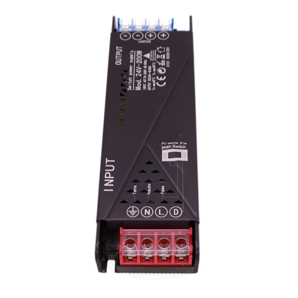 Alimentatore Trasformatore 24V Push Dimmer, Dimmerabile Con Pulsante NO (10-100%), Memoria Dopo Blackout, Spegnimento Soft, 2 Uscite, Input 220V IP20, Disponibili 100W 200W 300W 400W (200W)