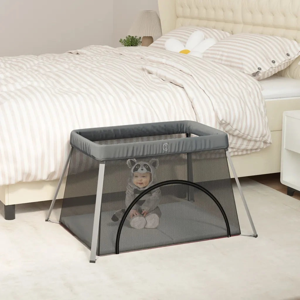 Box per Bambini con Materasso Grigio Scuro Tessuto di Lino 10302