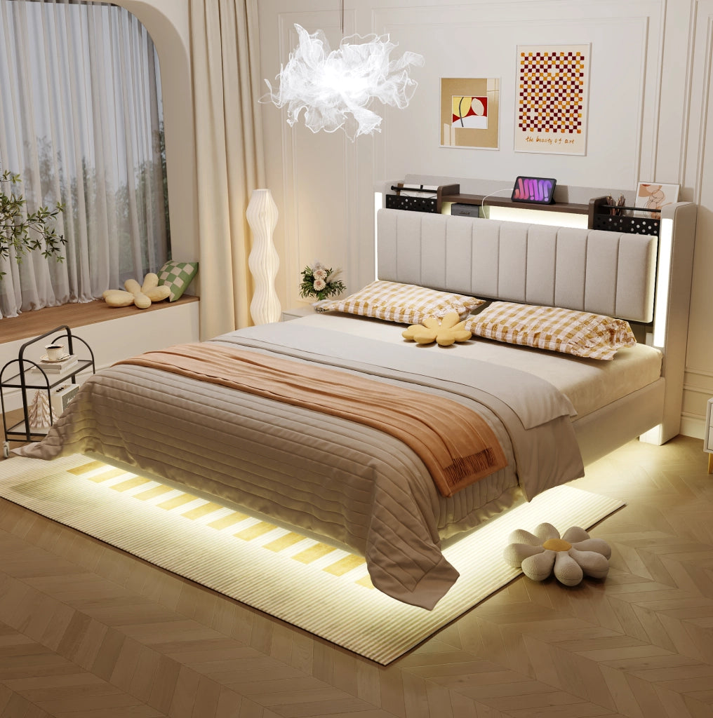 Letto imbottito matrimoniale 140x200 con LED; USB e contenitore nascosto; beige