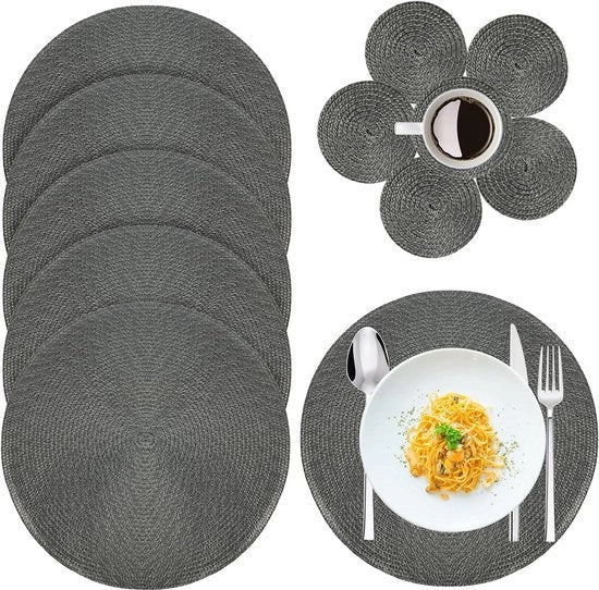 Set di 12 placemats e sottopiedi in rilievo a 15 pollici, mattonelle antiscivolo in polipropilene intrecciato e tessuto, colore grigio, per cucina, tavolo da pranzo e ristorante.