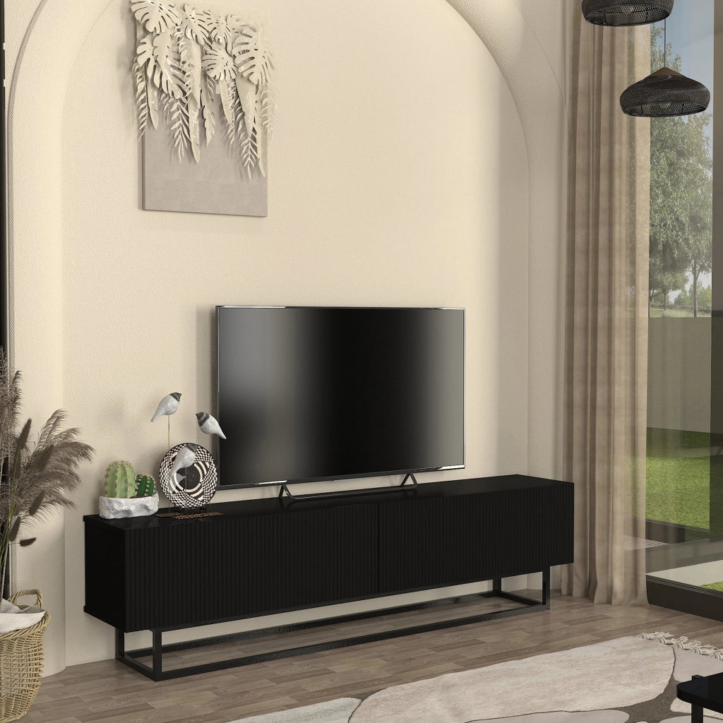 Mobile Porta TV Verpsboga a 2 Ante Decorative e Telaio in Metallo 180x32x47 cm - Nero [en.casa]