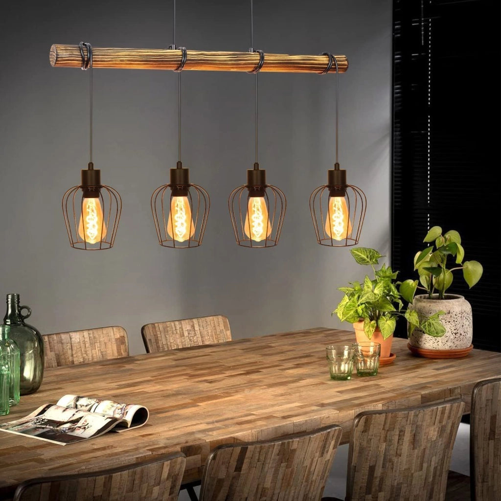 Lampada a sospensione ZMH retr¨° vintage 4 luci in legno design industriale regolabile