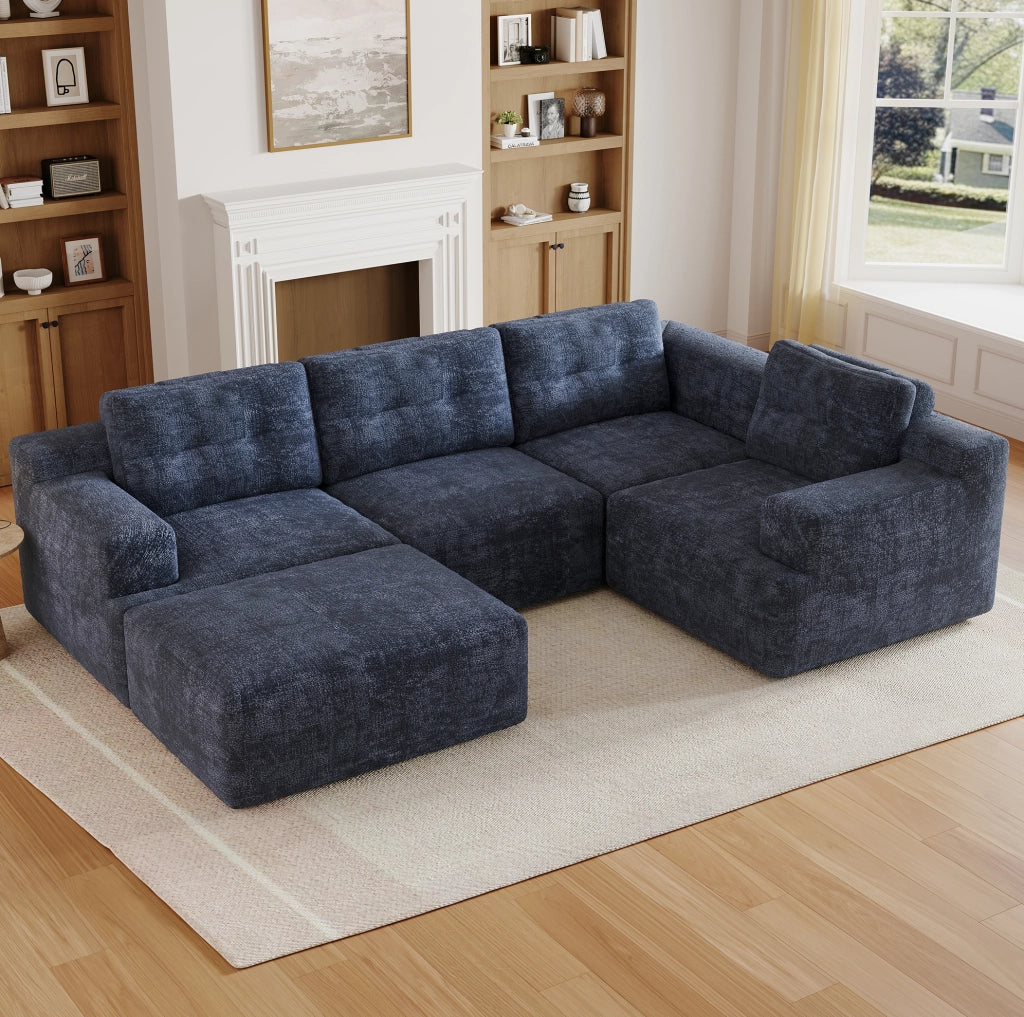 Divano modulare a U in ciniglia blu con poggiatesta e pouf; 252 × 180 × 82 cm