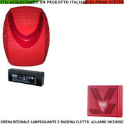 SIRENA LAMPEGGIANTE ROSSA ESTERNA CON SOTTOCOPERCHIO ANTISCHIUMA E SIRENA INTERNA SEGNALE ALLARME INCENDIO ALIMENTATE 24 VCC