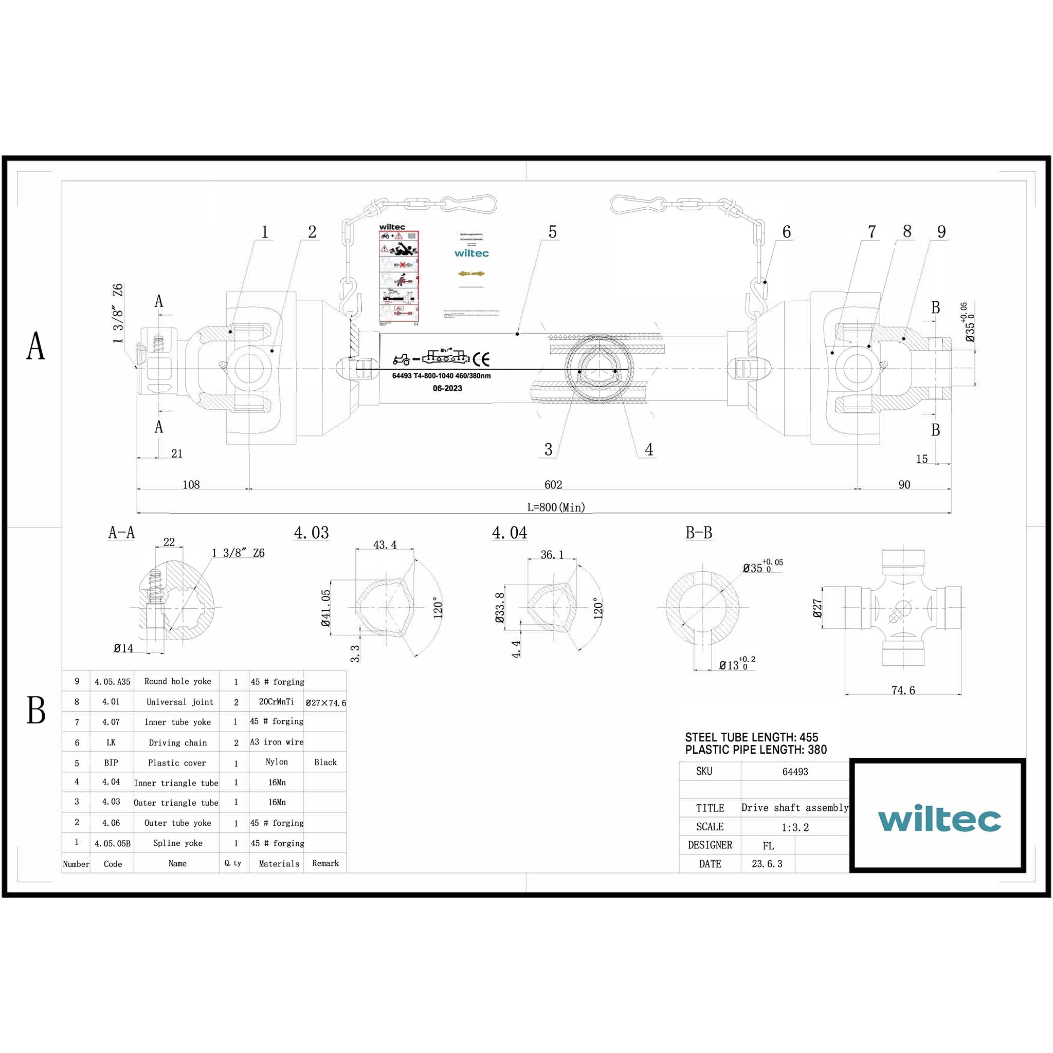Albero cardanico T4 Giunto 800-880mm 460Nm 540rpm Cardano 40kW (55CV) 1 3/8" 6 denti 35mm rotondo