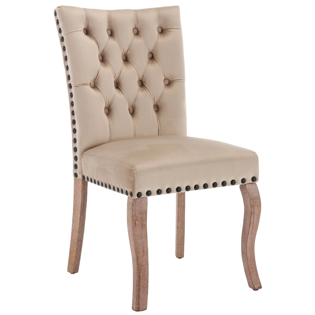 Sedia da pranzo con borchie in rame e schienale decorato in velluto con gambe in legno massiccio beige chiaro