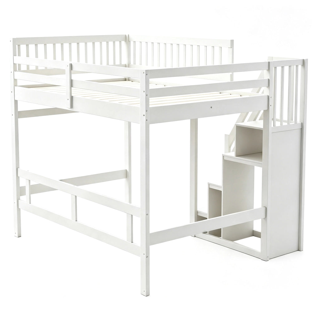 Letto in legno 140x200 cm con scala contenitore e sponda alta; bianco