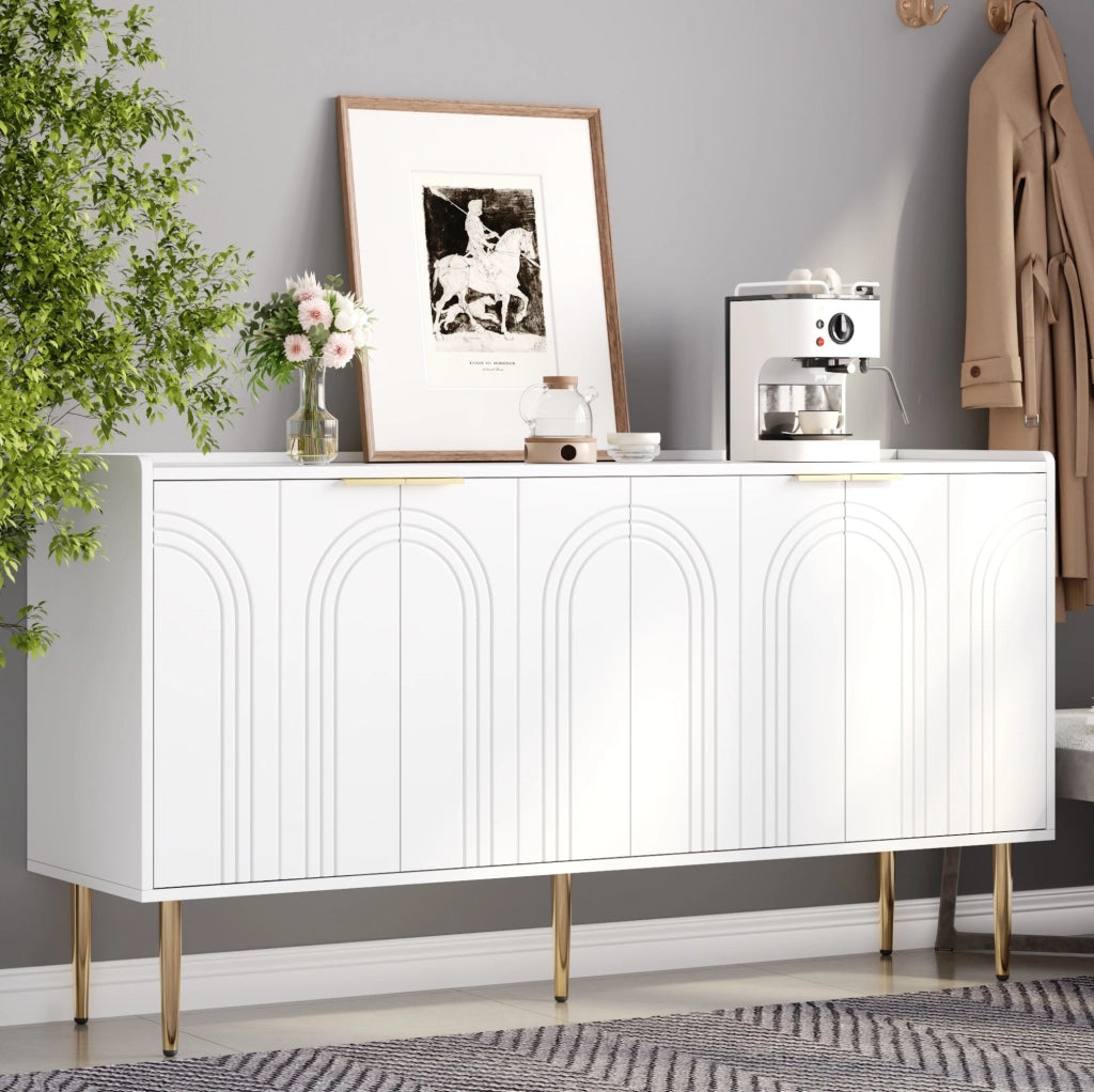 Sideboard 140x38x75 cm con 4 ante e ripiani regolabili in MDF bianco