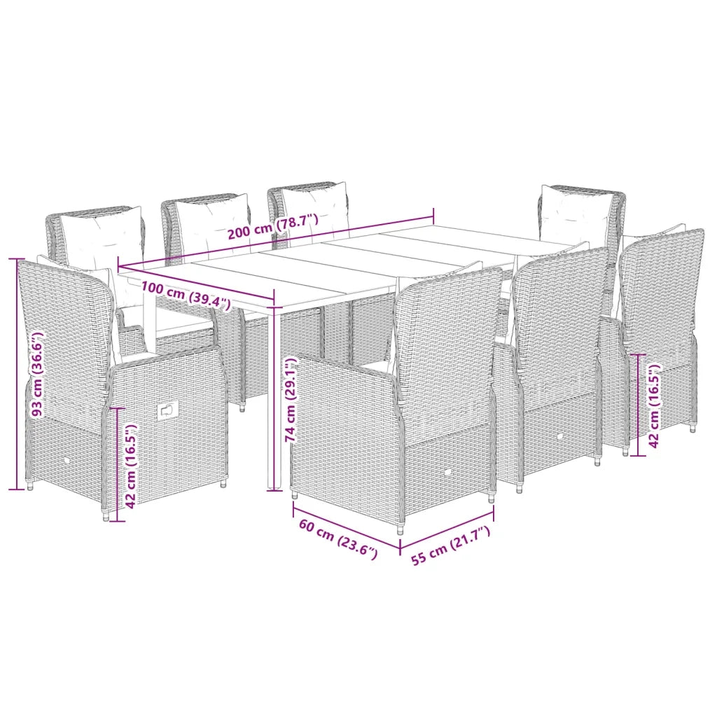 Set da Pranzo da Giardino 9 pz con Cuscini Nero in Polyrattan 3262970