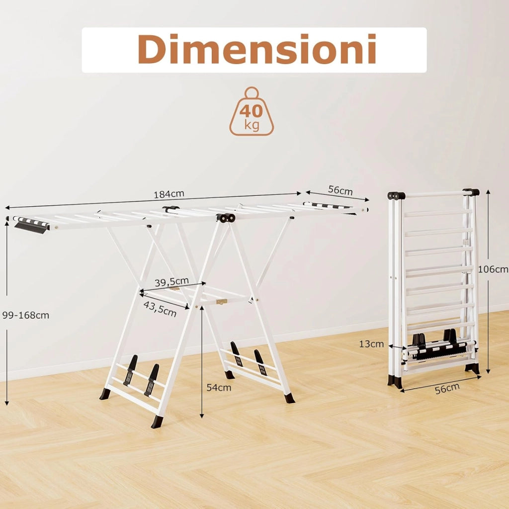 Stendibiancheria con 20 Barre, Stendino Pieghevole in Metallo Regolabili in Altezza, Clips per Calzini, Supporto per Abbigliamento Autoposante a Ali per Interno Esterno (Bianco)