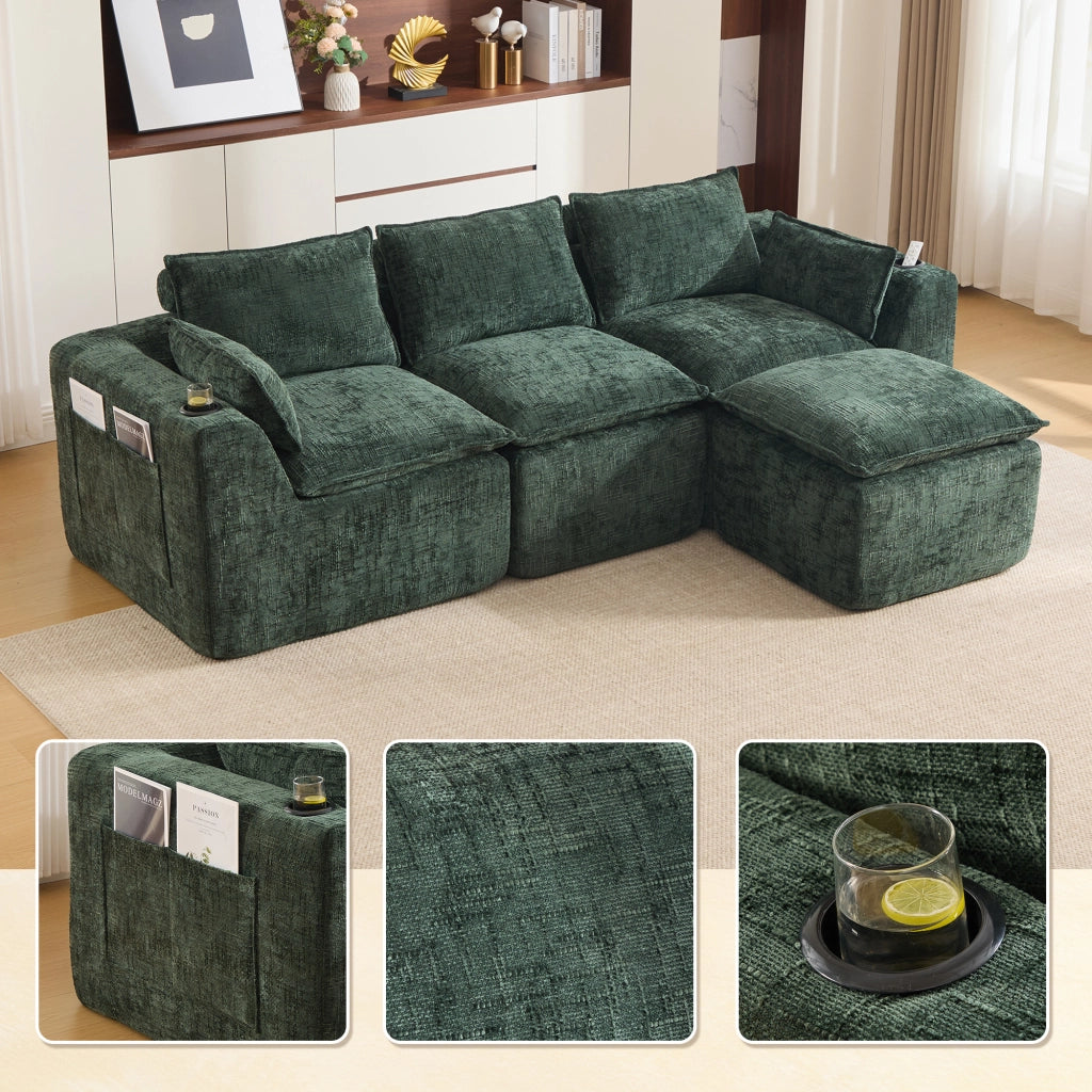Divano modulare in chenille verde con tasche laterali; cuscini inclusi e imbottitura in schiuma e molle