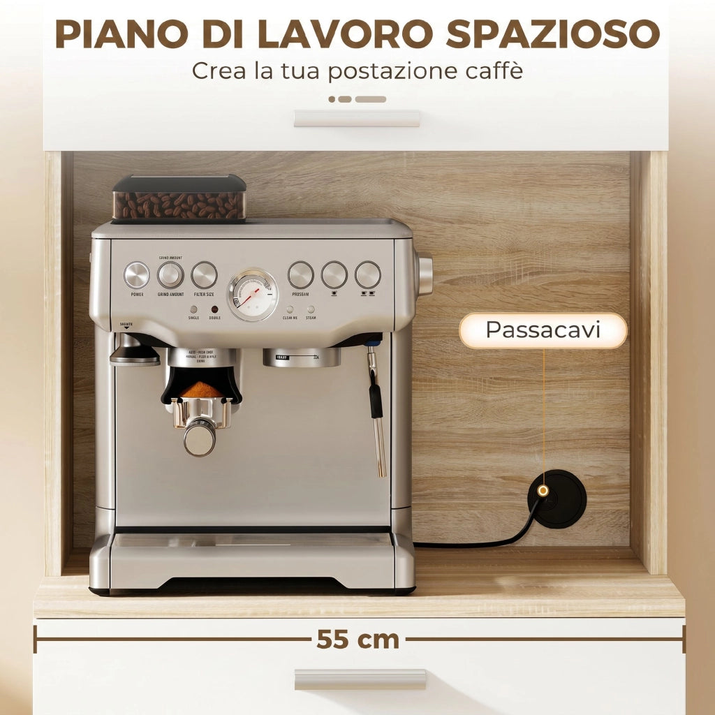 Credenza da Cucina 55x40x175 cm con Ripiani Aperti 2 Armadietti e Cassetto in Legno e Metallo Bianco e Legno