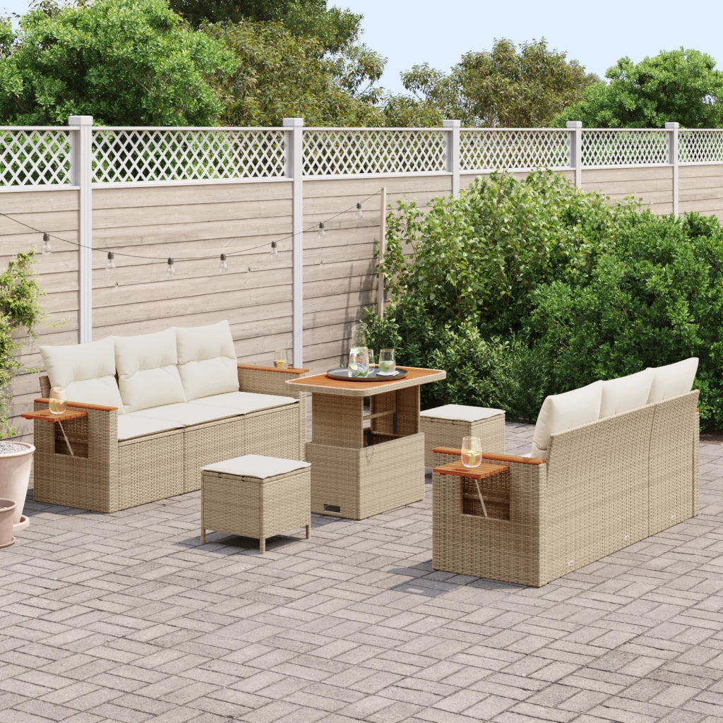 Set Divano da Giardino da 9 Pezzi con Cuscini Beige Polyrattan Acacia