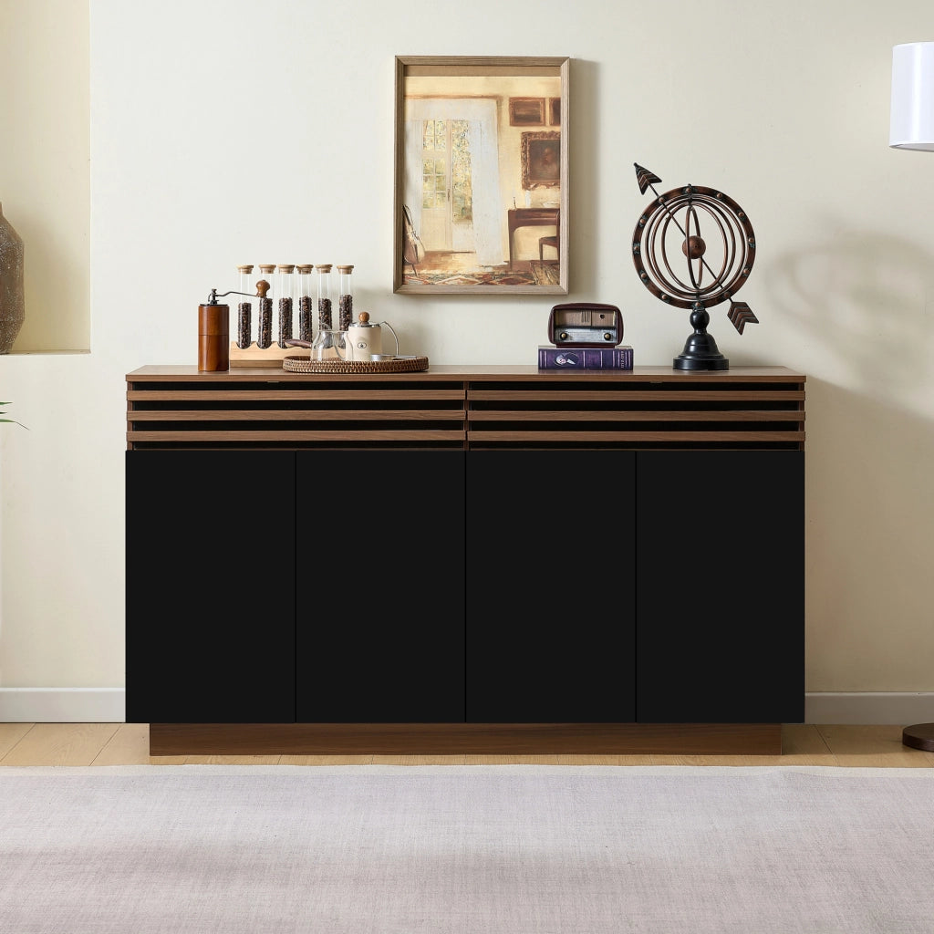 Sideboard moderno 150x40x85 cm in MDF marrone con ante nere, 2 cassetti e 4 porte