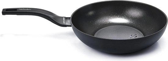 Wok in acciaio in alluminio nero 28 cm - Grande wok in acciaio in alluminio con trattamento antiscivolo