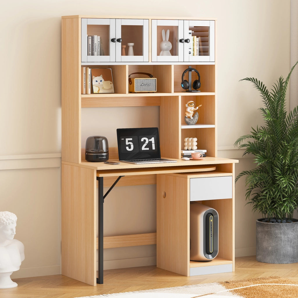 Scrivania con Armadio Alto 180 cm, Mensole e Piano Girevole, Bianco e Legno Chiaro