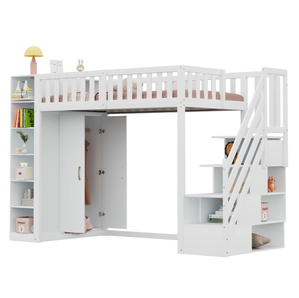 Letto a soppalco 90x200 cm in legno bianco con armadio; ripiani e scala contenitore