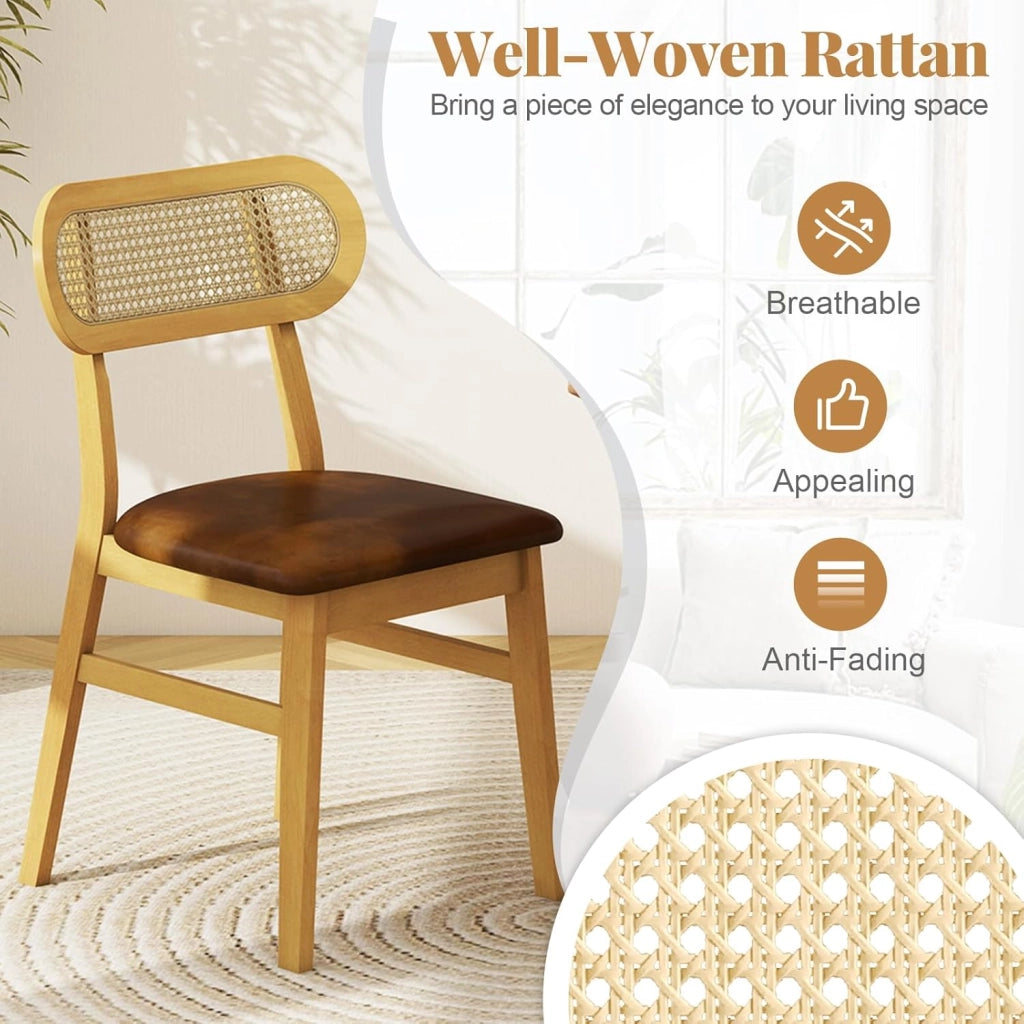 Set di 2 sedie da pranzo, sedie da cucina in similpelle con seduta imbottita, schienale in rattan PE, telaio in legno di gomma, sedia senza braccio per sala da pranzo, soggiorno (marrone