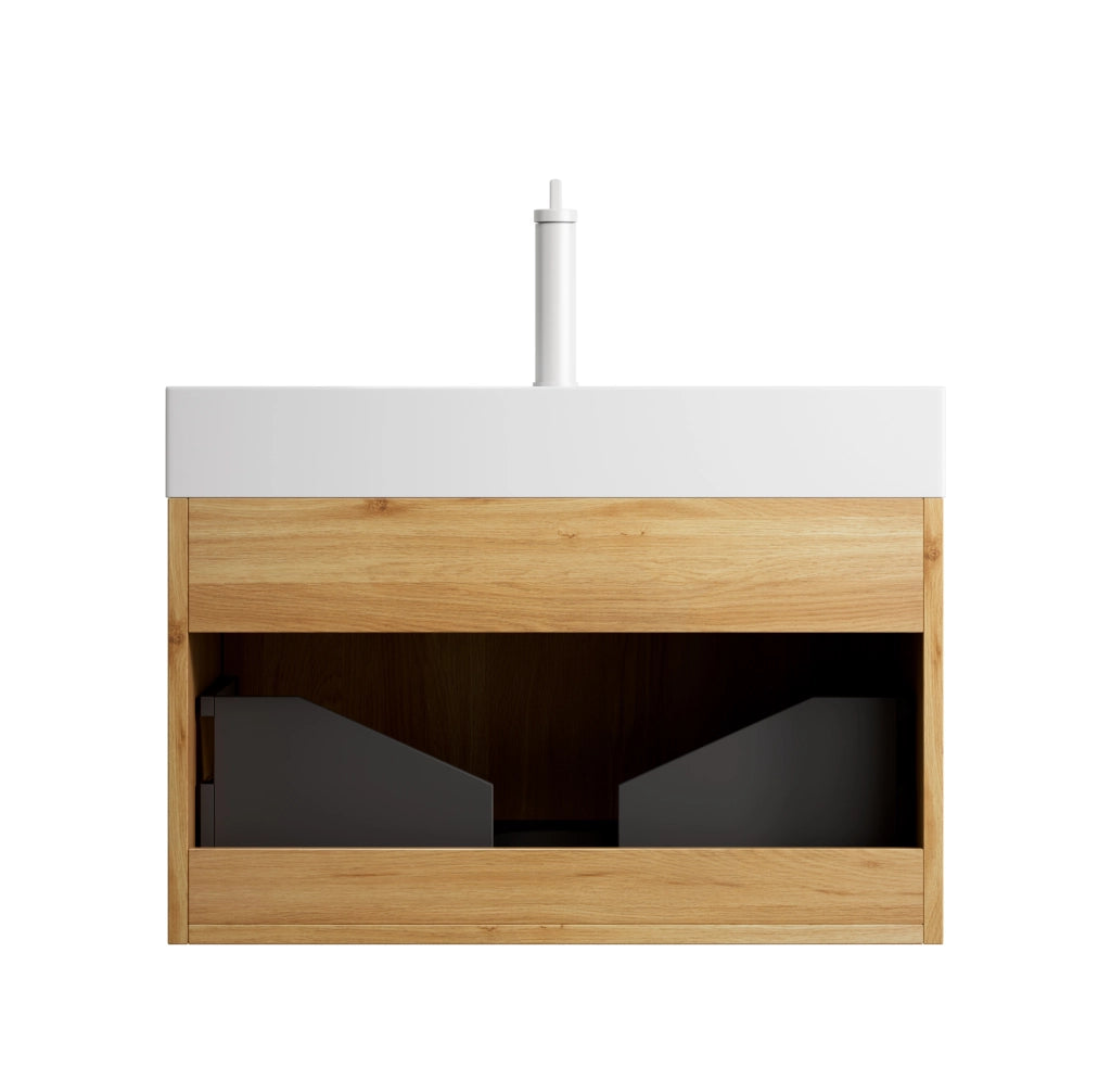 Mobile bagno sospeso con lavabo integrato e 1 cassetto con illuminazione LED per bagno; 70×46×50 cm; bianco e rovere