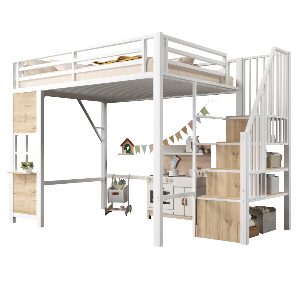 Letto a soppalco 140x200 cm con scala contenitore; finestra; spazio libero sottostante e parapetto; metallo bianco